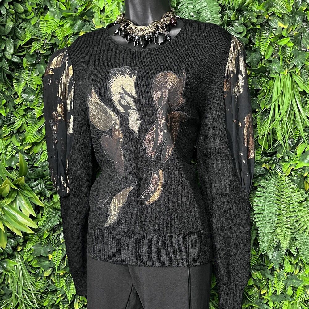 VINTAGE JANET MAFFEI‎ Sweater Women 8 Black Knit Sheer Balloon Sleeve Gold 2074
